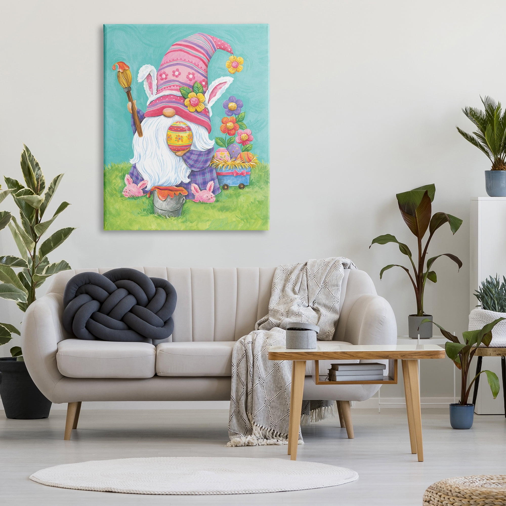 Whimsical Gnome Painting Easter Eggs Festive Flowers Fairy Tales & Fantasy Graphic Art Gallery-Wrapped Canvas Print Wall Art