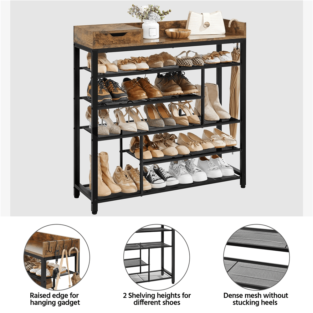 Alden Design 6-Tier Metal Shoes Rack Organizer with Wooden Top for Entryway, Rustic Brown