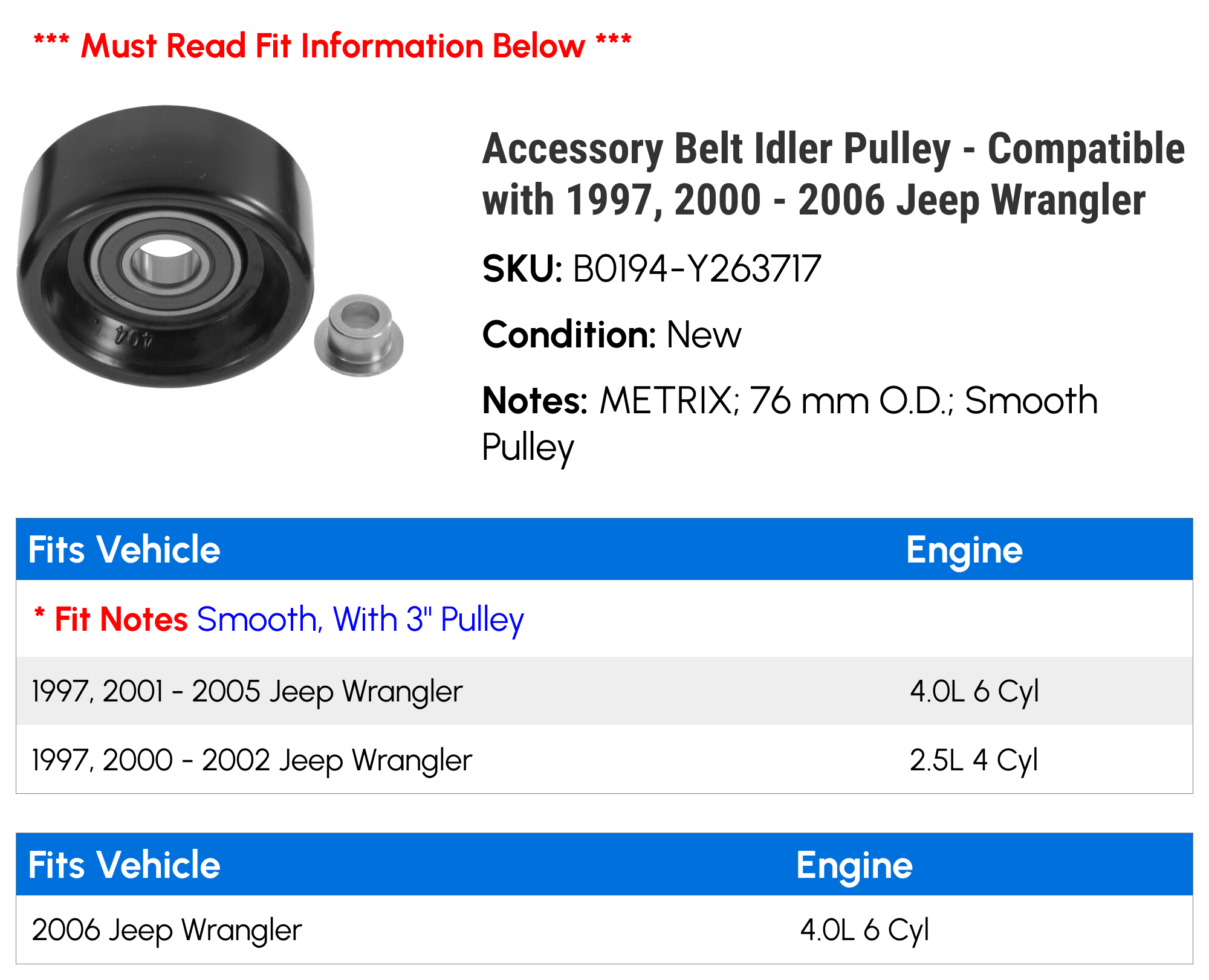 Accessory Belt Idler Pulley - Compatible with 1997, 2000 - 2006 Jeep Wrangler 2001 2002 2003 2004 2005