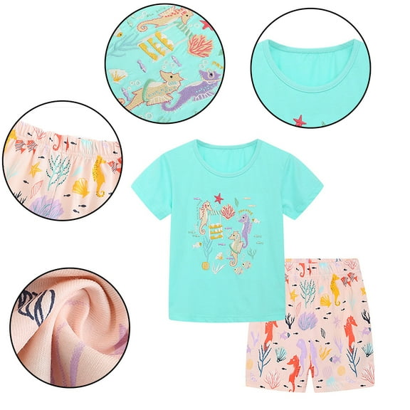 Esaierr Baby Kids Girls Summer Suit Set Toddler Short Sleeve Knitted Cartoon T-Shirts Elastic Printing Shorts Sets Cotton Summer Fashion Active Casual Set,Sizes 2-8Years