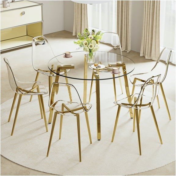 JERFIT 6-Piece Modern Dining Set with Gold Legs, Transparent Glass Table & Clear Chairs for Kitchen, Breakfast Nook