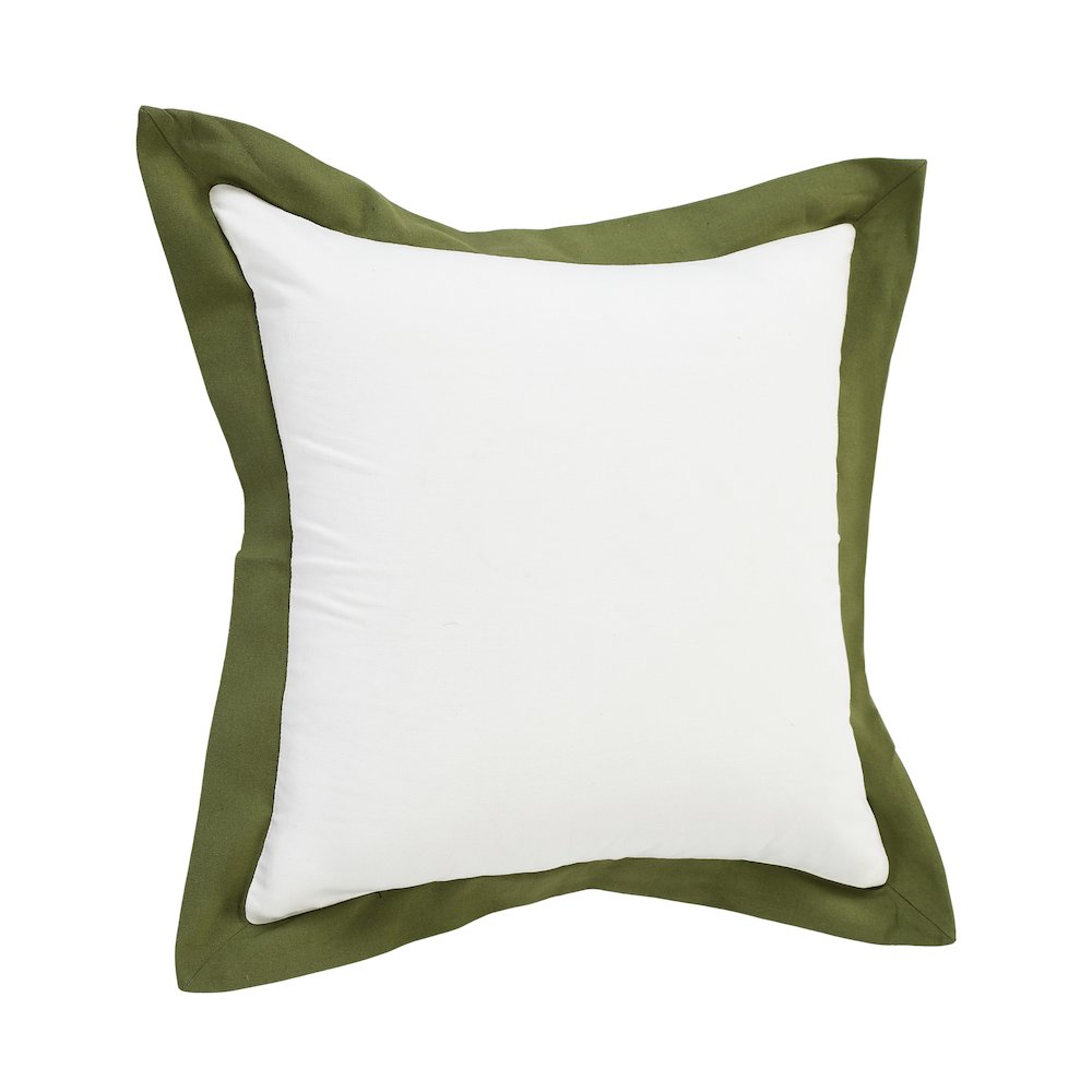 LR Home Ox Bay Hand-Woven White/Green Bordered All-Natural Cotton Pillow Cover
