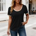 thumbnail image 6 of Women's T-Shirt Scoop Neck Contrast Trim Heathered Knit Casual Short Sleeve Top Summer Solid Color Tee, 6 of 8