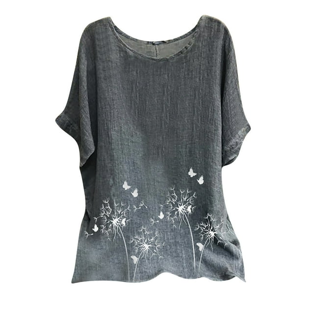 HKEJIAOI Blouses Blanches for Women Robe Décontractée Mode Femmes Summer Col Rond Manches Courtes Imprimé Casual T-shirt Blouse Manches Courtes Blouses for Women -M