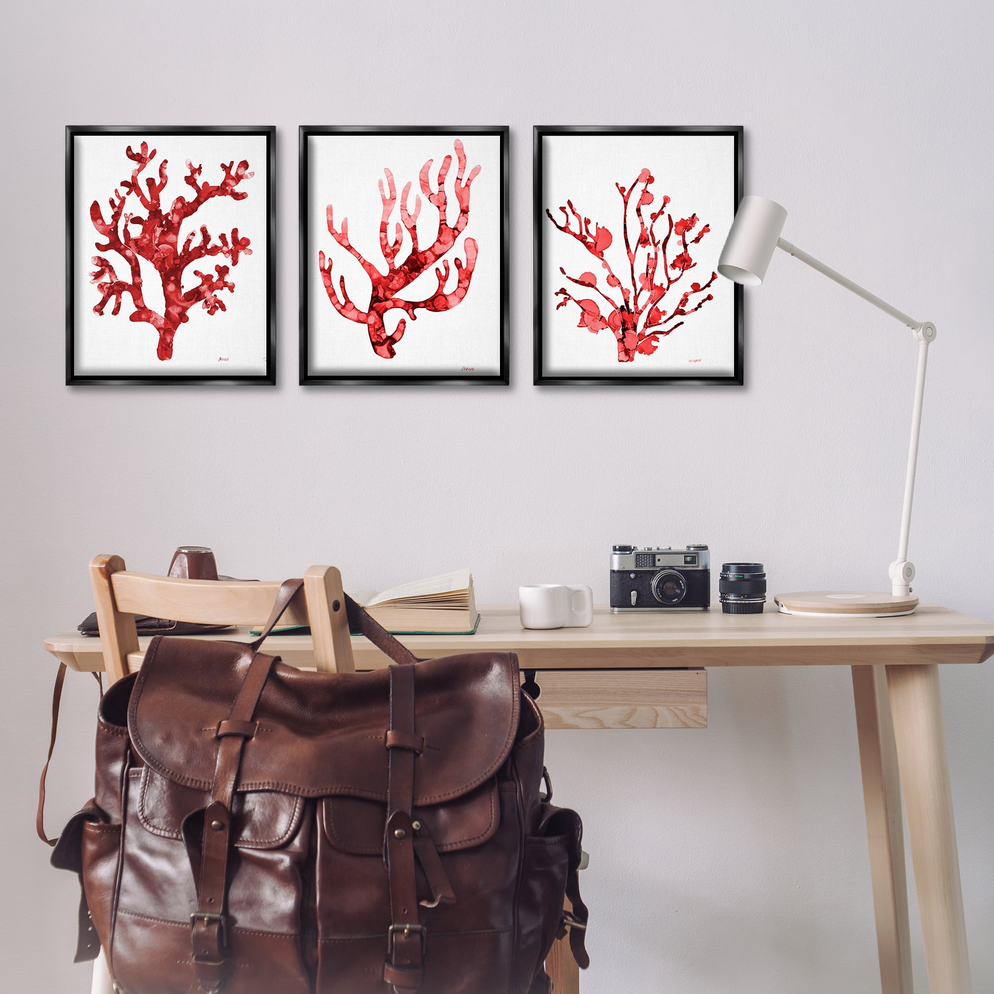 Stupell Industries Bold Red Coral Nautical & Beach Painting Black Floater Framed Canvas Art Print Wall Art, 17 x 21, Set of 3