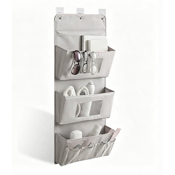 Jademall 3‑Tier Hanging Wall Organizer, Oxford Fabric Wall & Door Mount Storage Pockets with Adhesive Hooks, No‑Drill Foldable Rack for Bathroom & Bedroom - Gray