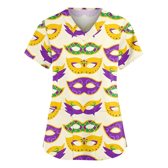 Women Mardi Gras Scrub Tops Plus Size Casual V Neck Funny Carnival Mask Printed Scrubs Hoilday Short Sleeve Scrub Shirts Medical Nurse Uniform Nursing Workwear with Pockets Yellow XL