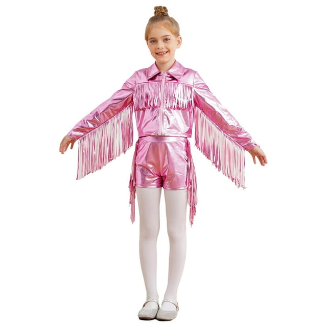 TSSOE Girls 90s Theme Concert Rave Disco Hip Hop Dance Outfit Cowgirl Shiny Metallic Fringe Jacket with Shorts Set Pink 16