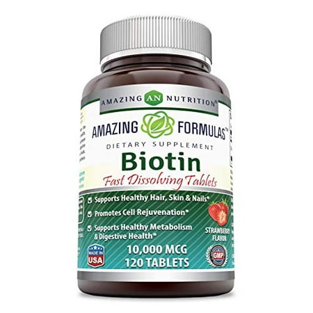 Amazing Formulas Biotin Fast Dissolving Tablets - 10000 MCG Tablets - Supports Healthy Hair, Skin & Nails - Promotes Cell Rejuvenation - Supports Healthy Metabolism (120 Count, Strawberry