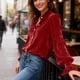 thumbnail image 5 of Ounisa Women's Velvet Tops Dressy Casual Long Sleeve Smocked Work Blouses Trendy Blusas Elegantes Button Down Shirts, 5 of 7