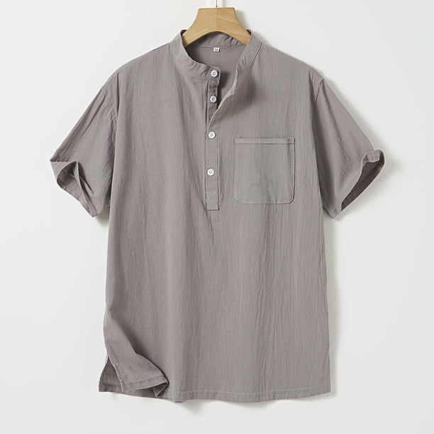 Ceisia Men's Shirt | Loose Stand Collar Short Sleeve Cotton-Linen Shirt | Breathable Textured Wrinkle (Multiple Solid Colors) Gift