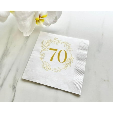 50pcs 70th White Coined Napkins, 70th birthday napkins, 70th anniversary napkins, 70th event napkins, 70th birthday decor napkins，cocktail napkins for reception disposable decorative 5"x5"
