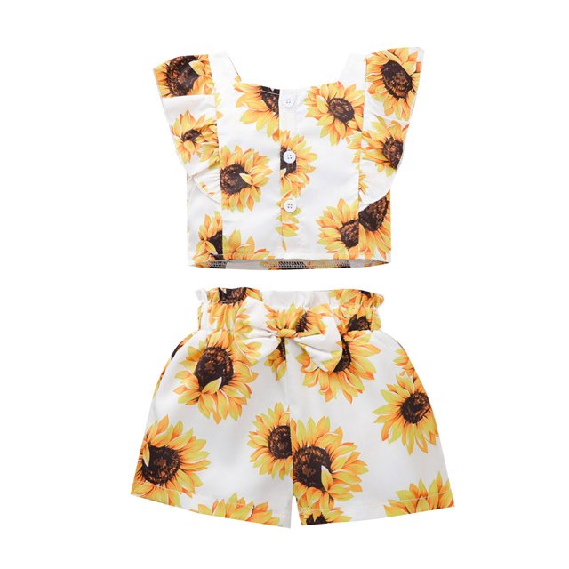 Icvfdpl Kids Girls Summer Outfits Sunflower Ruffle Print Tops Floral Bow Shorts 2Pcs Clothes Set Breathable 6-9 Months