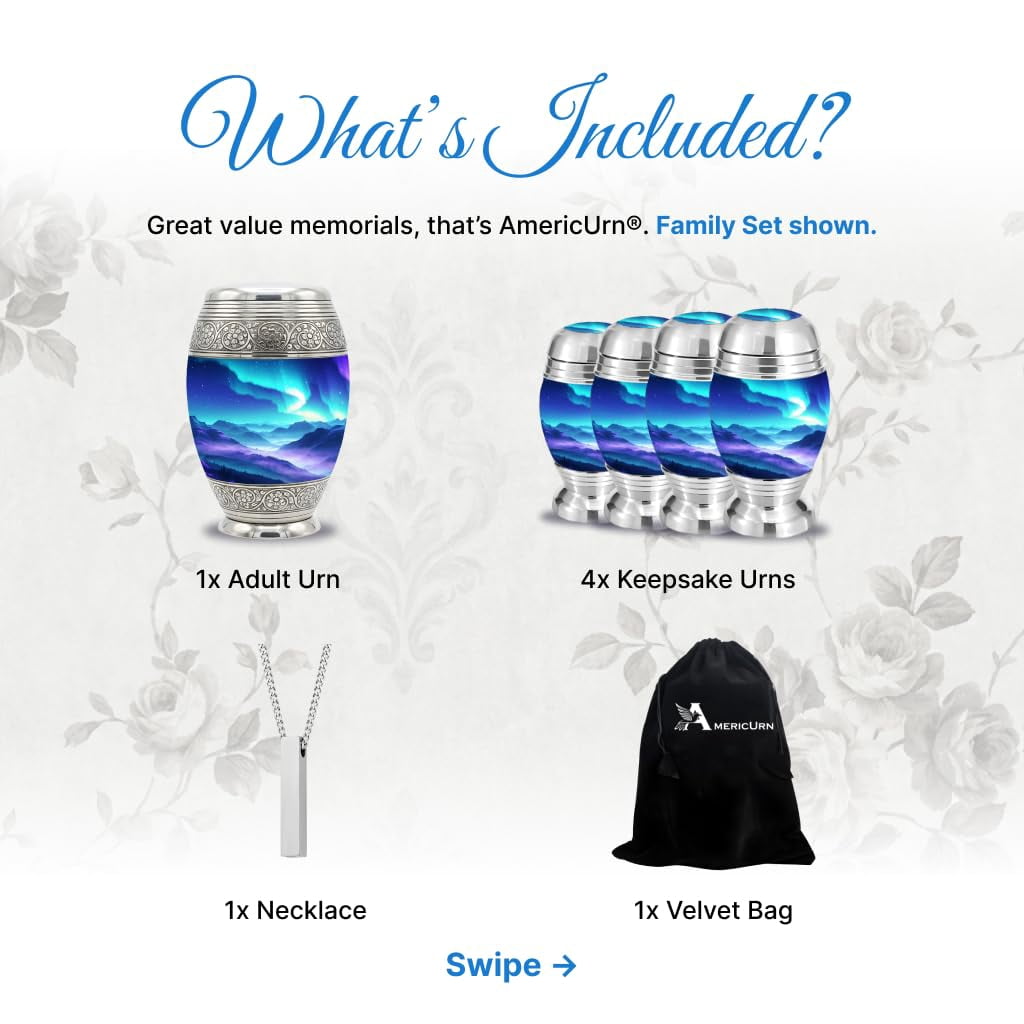 Set of 6 Cremation Urns for Human Ashes Includes 1 Large Urn with 4 Small Keepsakes & 1 Silver Necklace - Aurora Mountain