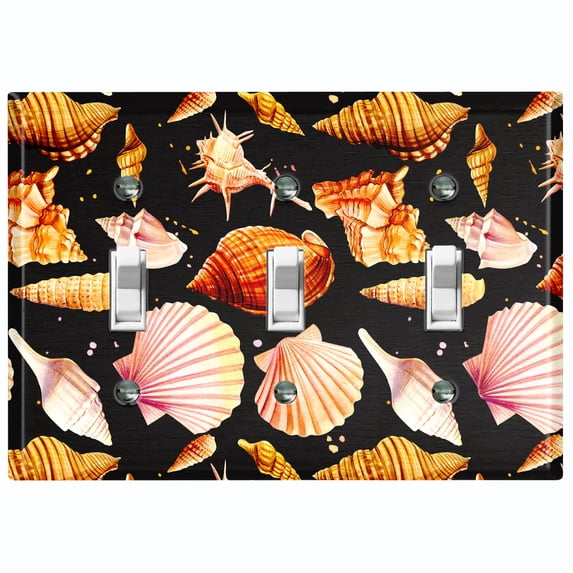Metal Light Switch Wall Plate Outlet Cover (Colorful Sea Shells Pattern Black - Triple Toggle)