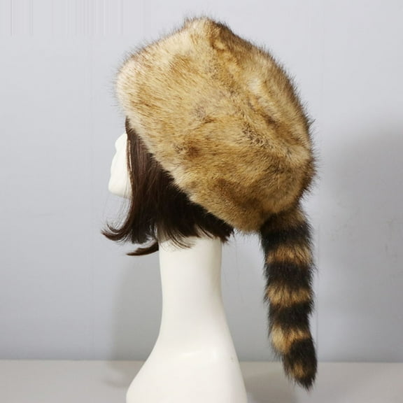 Faux Fur Raccoon Tail Hat for Women Men, Faux Coonskin Cap with Tail Flat Top Winter Hat