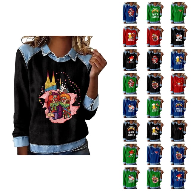 Mardi Gras Chemises à Manches Longues pour Femmes 2026 Mode Denim Patchwork Col à Revers Chandail en Molleton Graphique