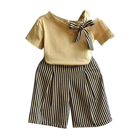 

Children Girls Short Sleeve T-shirt+Striped Print Shorts Suits