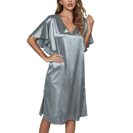 

Solid Color Female Ice Silk Nightdress Summer Short Sleeve Women Gown Sleepwear Chemise Lingeries Loungewear Ladies Nightwear