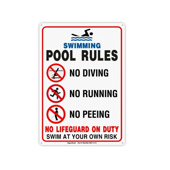 SIGNOGRAFX (2 Pack) SWIMMING POOL RULES SIGN, No Diving No Running No Peeing Signs, 10 x 7 Inches, Metal and Reflective, Rust Free 0.40 Aluminum Easy to Install Indoor and Outdoor Use