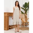 thumbnail image 3 of Fiophy 100% Linen Dress V Neck Pleated Button Front Sleeveless Wide Strap Summer Casual Ruffle Midi Summer Dresses, Flax,M, 3 of 9