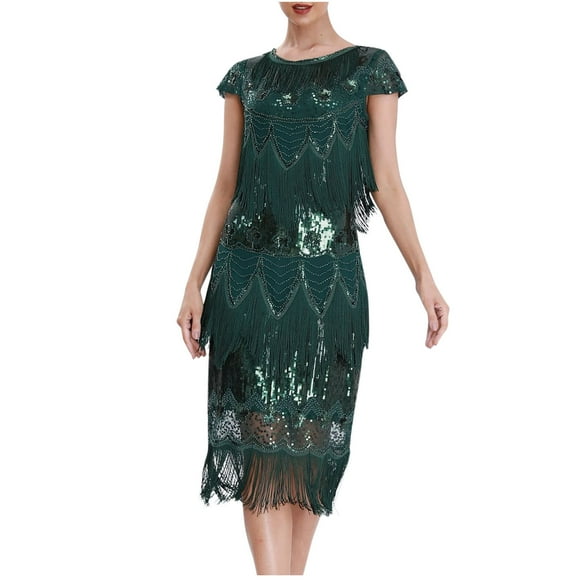 Pisexur Cocktail Dresses for Women Round Neck Sequin Tassel Fringe Prom Dress Fashion Flowy Short Sleeve Wedding Guest Dress Evening Party Dresses Elegant Formal Midi Dress