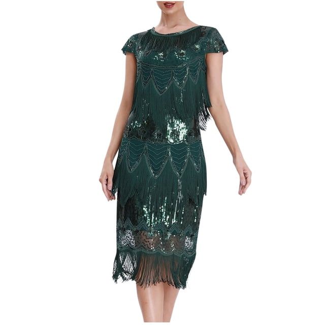 Birdeem Robe Mode Femme Sans Manches à Franges Scintillantes Col Rond Longueur Genou
