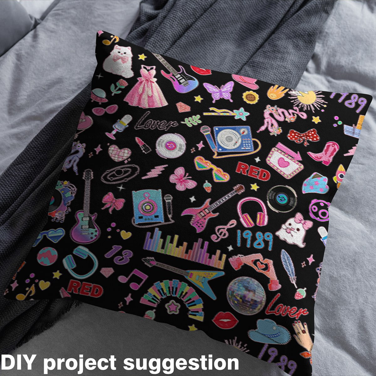 Manfei Girls Guitar Sewing & Crafting Fabric (5 Yards), Music Lovers Home Decor Fabric by the Yard, Headset Microphone Album Vinyl DIY Fabric, Black