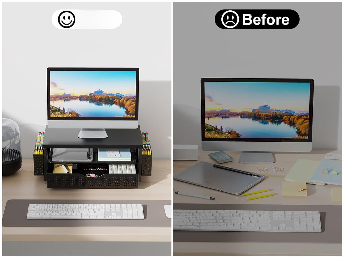Wood Monitor Stand Riser  Office Desk Shelf Organizer With Drawer And Pen Holder 2-tier Computer Organization (ink)