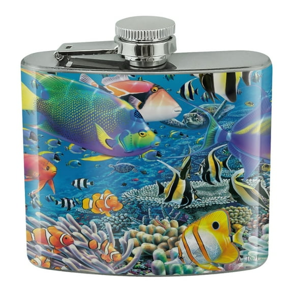 Ocean Coral Reef Angel Clown Fish Diving Stainless Steel 5oz Hip Drink Kidney Flask