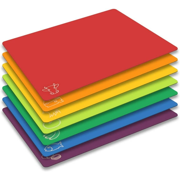 Cutting Board Mats Flexible Plastic Colored Mats with Food Icons, Fotouzy BPA-Free, Non-Porous, Anti-skid back and Dishwasher Safe, Set of 7 Rainbow - 7 Pieces