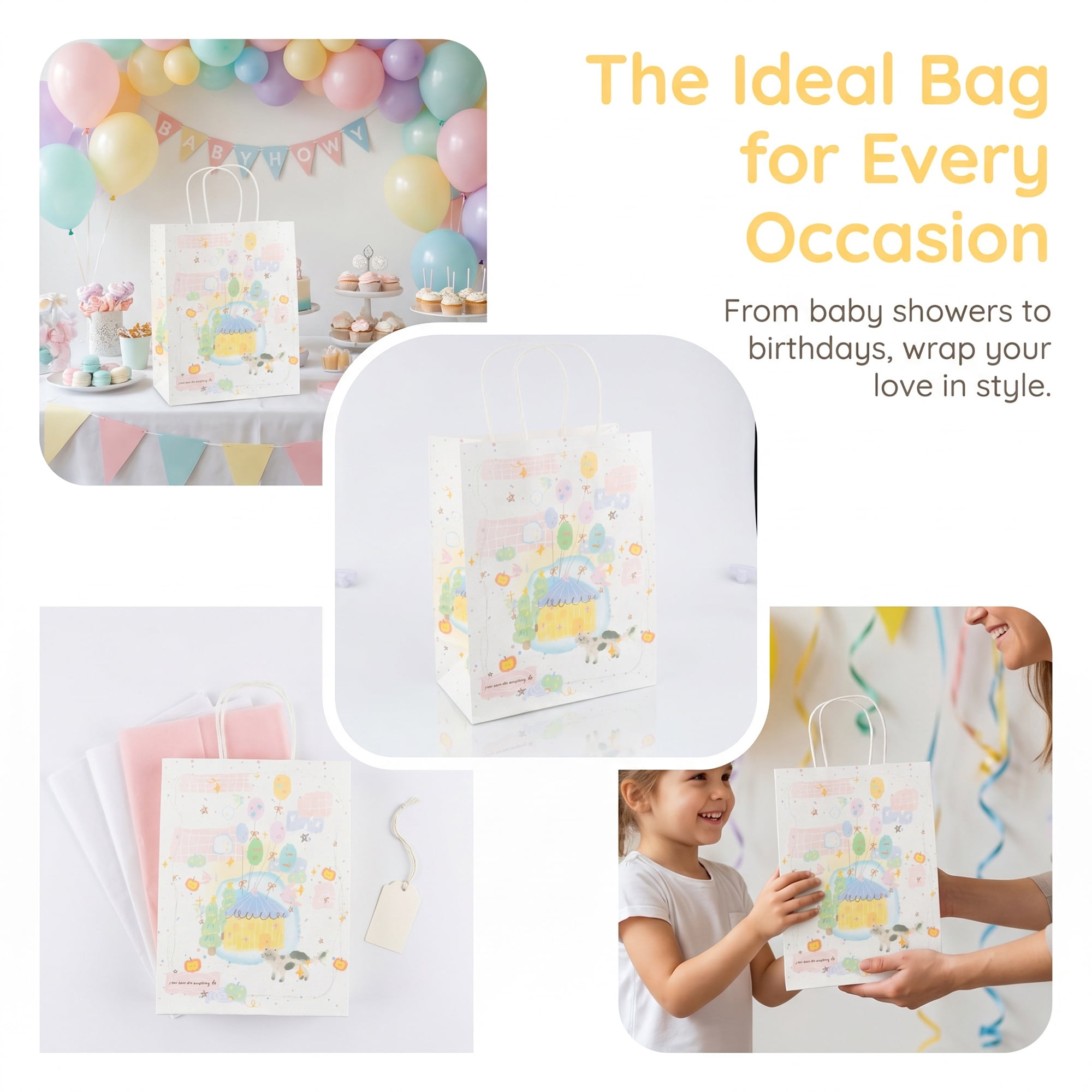 Unique Bargains 6Pcs Thick Paper Gift Bags with Handles Balloon 8.3" x 4.3" x 10.6"