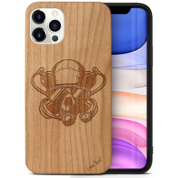 Case Yard Wooden Case Outside Soft TPU Silicone, Slim Fit Shockproof Wood Protective Phone Cover for Girls Boys Men and Women, Supports Wireless Charging Diver Skull Design case for iPhone-12-Pro-Max