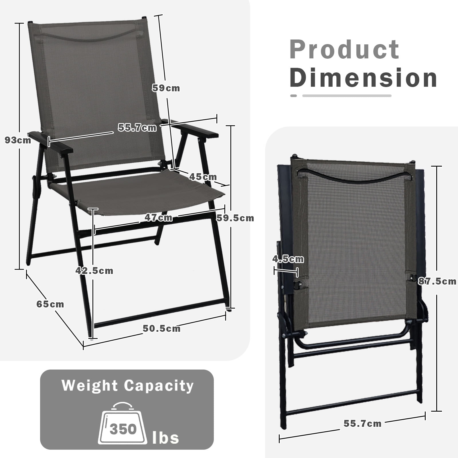Set of 2 Outdoor Folding Chairs, Portable Patio Dining Chairs with Armrests & High Back, Sturdy Steel Frame for Garden, Lawn, Poolside, Camping (Gray)