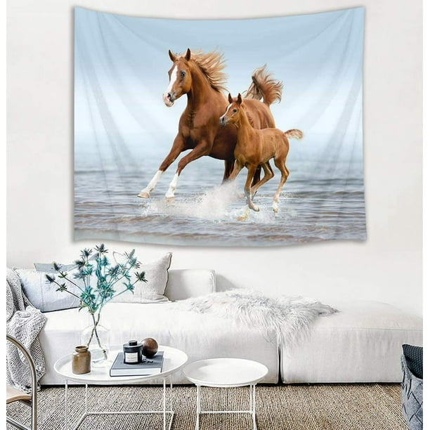 Galloping Horse Tapestry Horses Running in Sea Water Wall Hanging Animal Tapestries for Bedroom Living Room Dorm Decor 60Wx40H inches