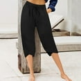 thumbnail image 2 of Wyobmus Women's Cotton Linen Summer Capri Pants Summer Causal Petal Hem Capris Drawstring Solid Elastic Waist Flowy Beach Trousers With Pockets Black, 2 of 5