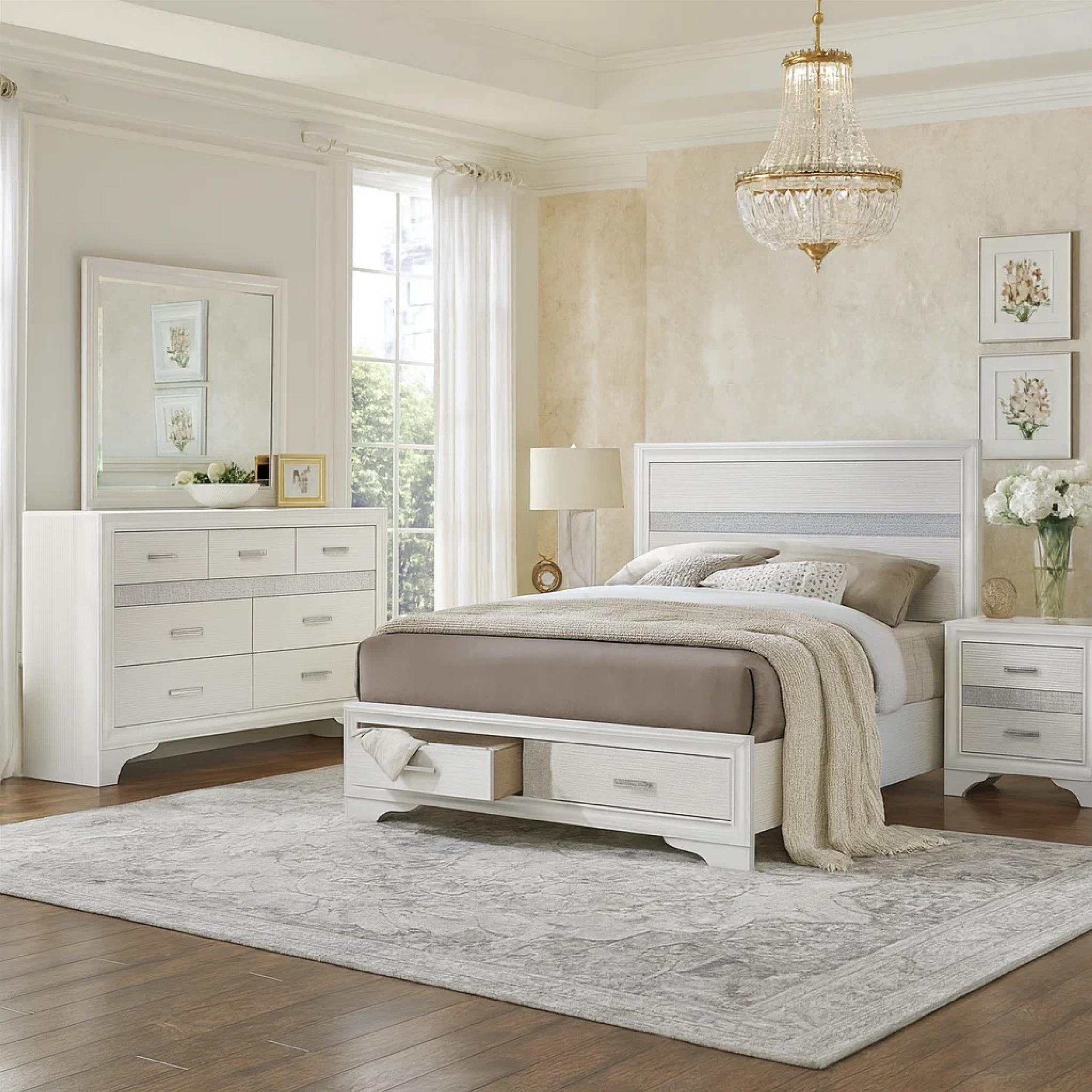 Vino White 4pc California King Bed Set with Dressers-Glitter Accent