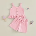 thumbnail image 4 of Toddler Baby Girl Outfits Solid Summer Clothes Solid Color Waffle Sleeveless Ruffle Tank Tops Shorts Set Cute Infant Clothes, 4 of 7