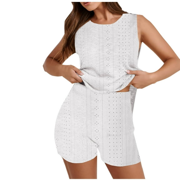 Kaemgyyd Womens Pajamas Sets 2 Piece Outfits Casual Sleeveless Hollow out Tank Top Shorts Solid Color Loungewear