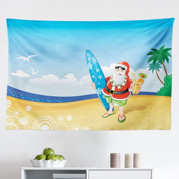 Christmas Tapestry, Owl Family with Santa Hats on Tree Branch with in Nest Birds Snowy Winter Print, Fabric Wall Hanging Decor for Bedroom Living Room Dorm, 2 Sizes, Grey, by Ambesonne