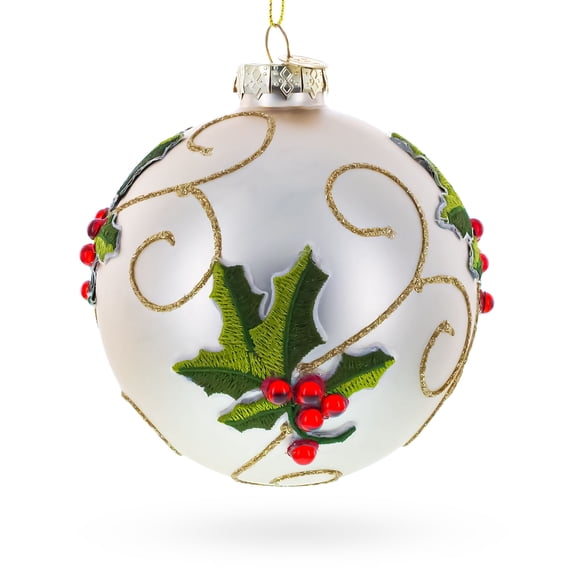 Ivory with Holly Leaves and Red Berries Glass Ball Christmas Ornament