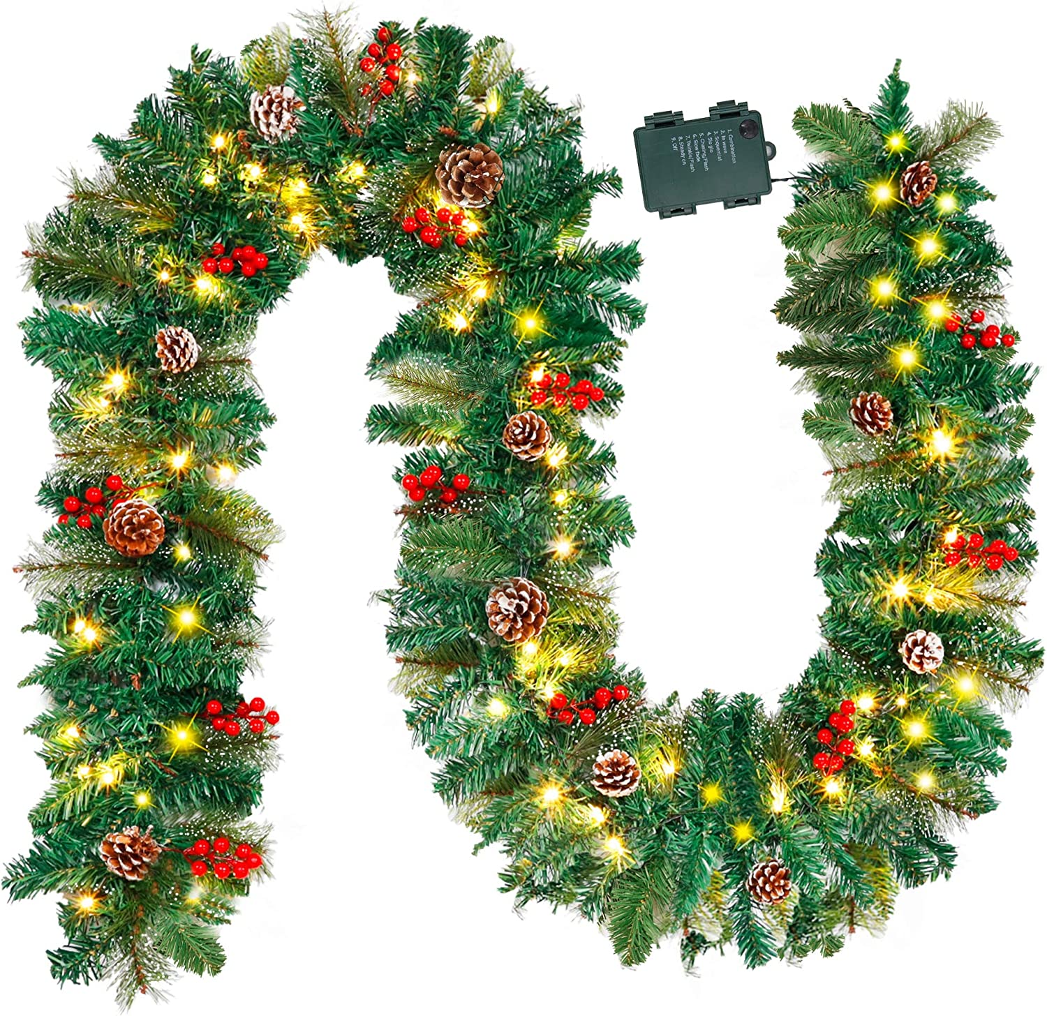 Melliful 9 ft PreLit Christmas Garland with Lights for Outdoor Indoor