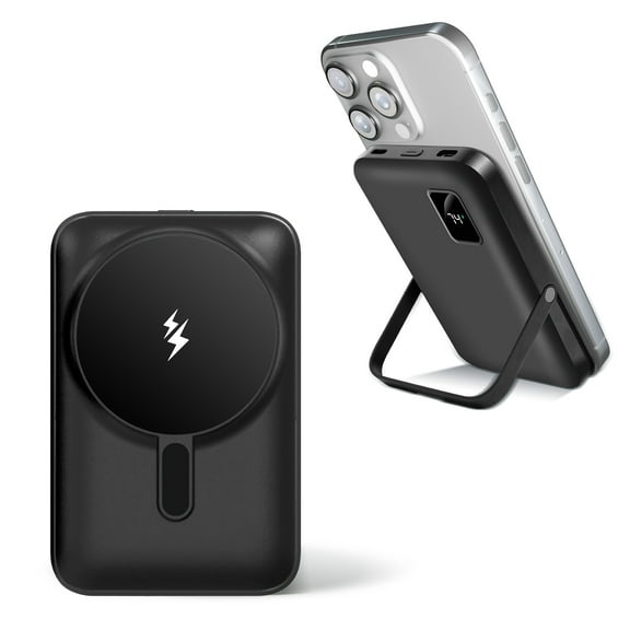 Magnetic Power Bank, 10000mAh Wireless Portable Charger with Foldable Stand, Magsafe Magnetic Battery Pack with LED Display, 20W PD Fast Charging Compatible with iPhone 17 16 15 14 13 12, Black