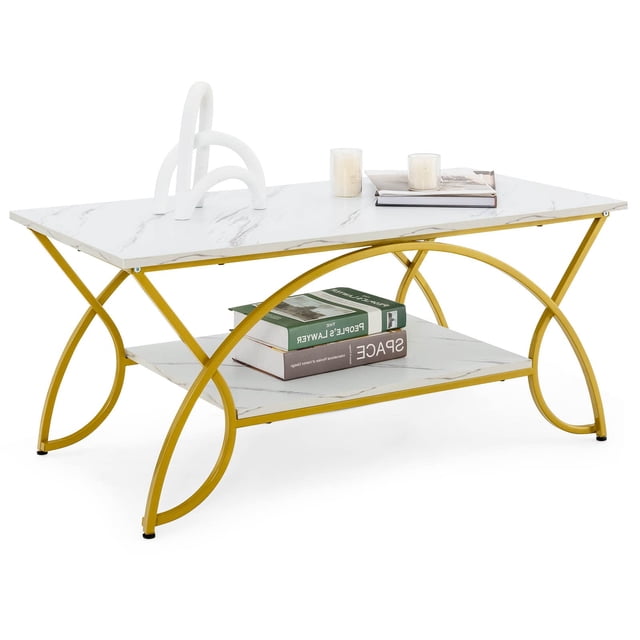 Mesa de café COSTWAY de mármol de 2 niveles con almacenamiento blanco/dorado