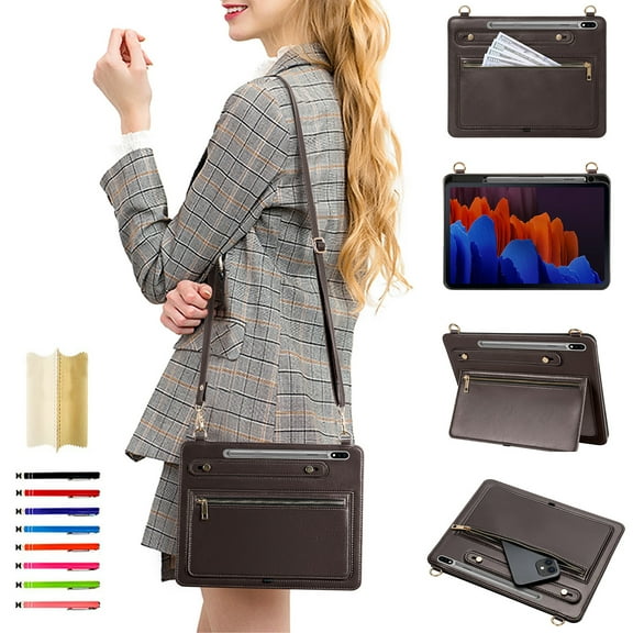 for Samsung Galaxy Tab S10 Plus/S9 Plus/S9 FE Plus/S8 Plus/S7 Plus/S7 FE Envelope Wallet Back Case, Premium PU Leather Zipper Pocket Kickstand with Shoulder Strap & Hand Strap Cover - Coffee