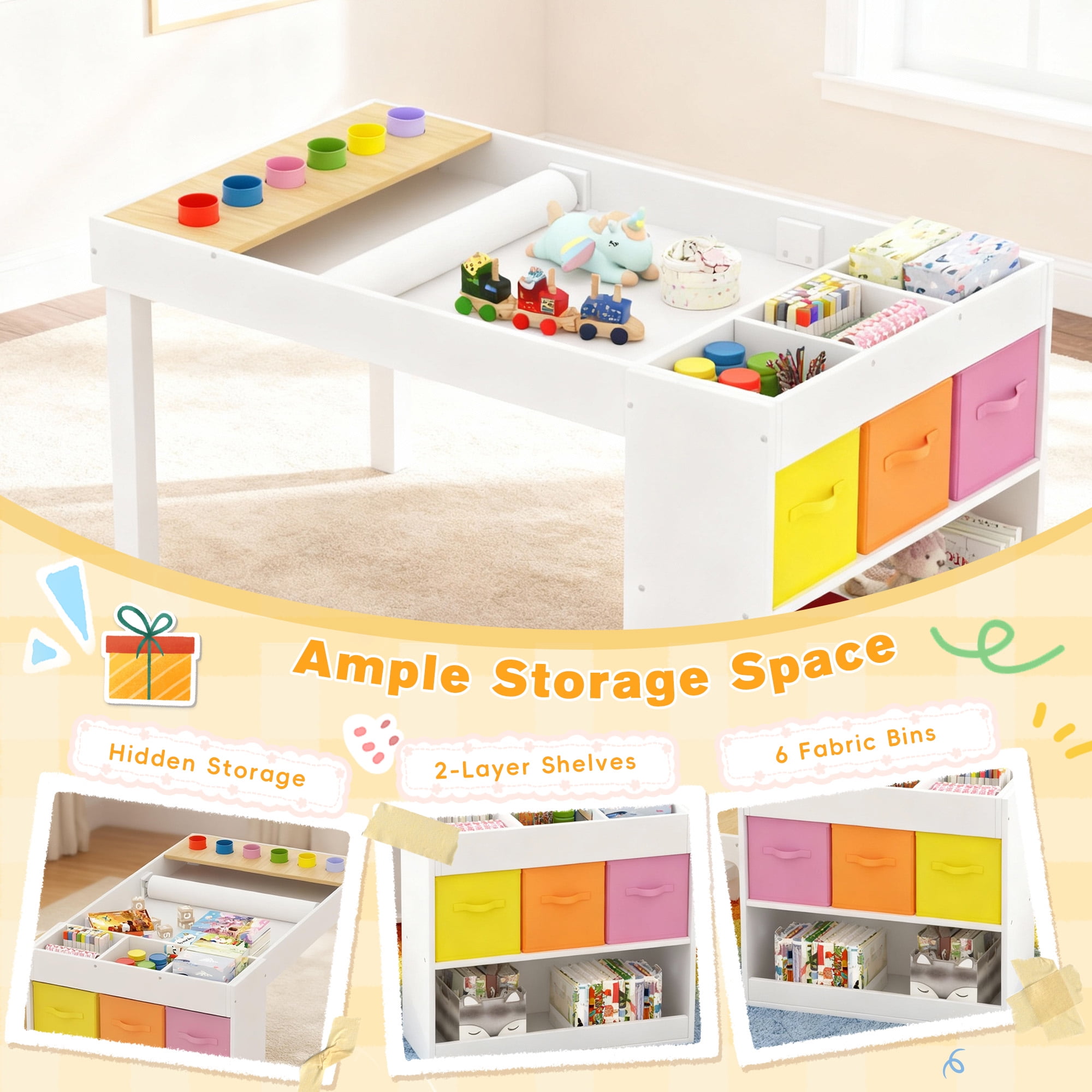 Reasea Kids Art Table with 2 Chairs - Wooden Kids Activity Desk Set Includes Baseplates, Paper Roll & Storage | 39" x 23" Craft Table for Drawing, Building & Learning