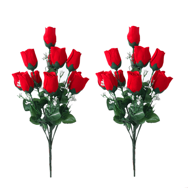 20 Red Rose Buds, Artificial Realistic Fake Silk Roses with Stem Flowers, Wedding Bouquets