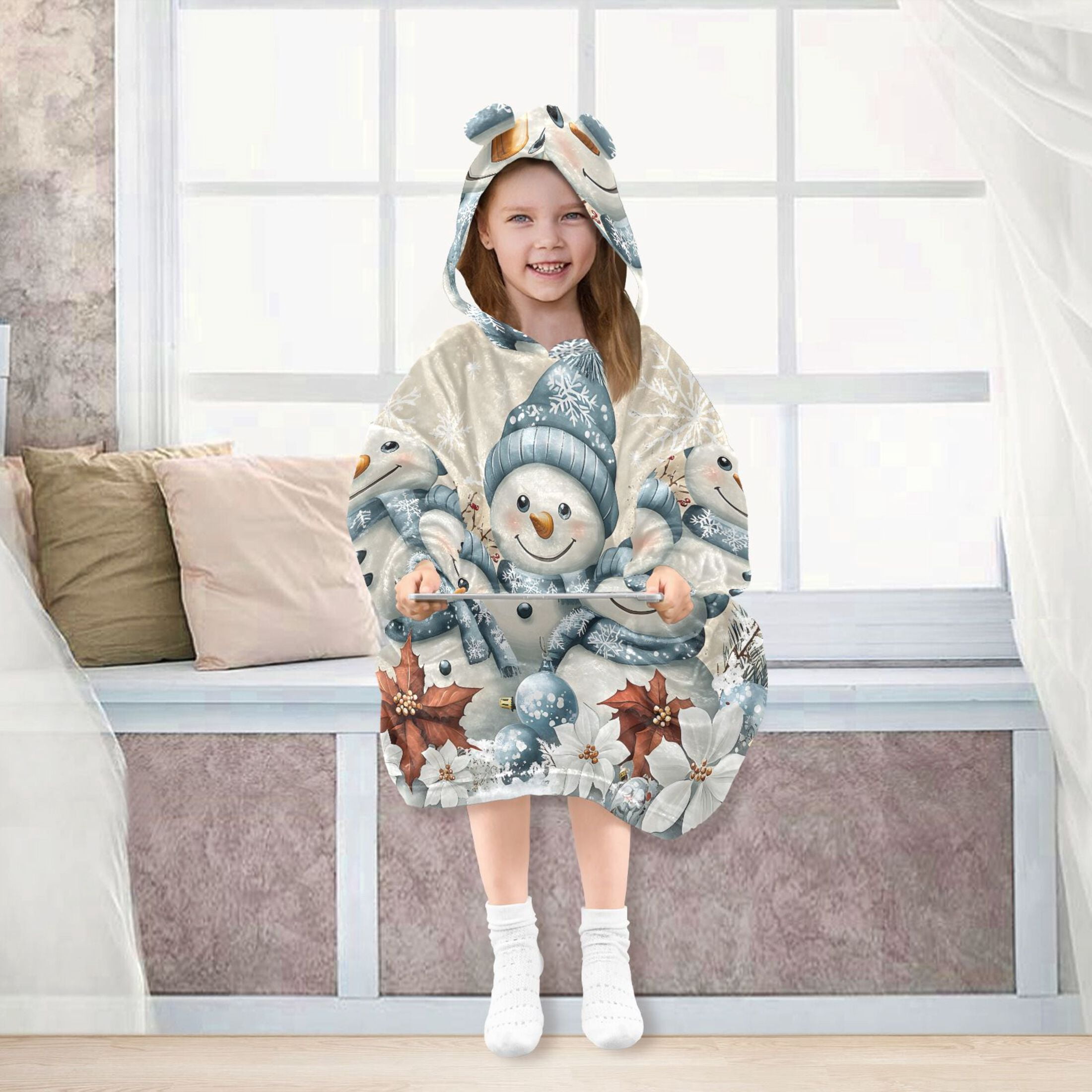 joogoo Wearable Blanket Hoodie Snowman Retro Poinsettia for Flannel Sherpa Pocket 3-14 YR S