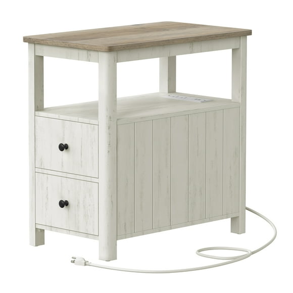 VASAGLE Table d'Appoint avec Station de Charge, Table de Chevet Étroite avec 2 Tiroirs, Table de Bout de Salon avec Rangement, pour Petits Espaces, Style Côtier, Blanc Vintage et Gris Chiné