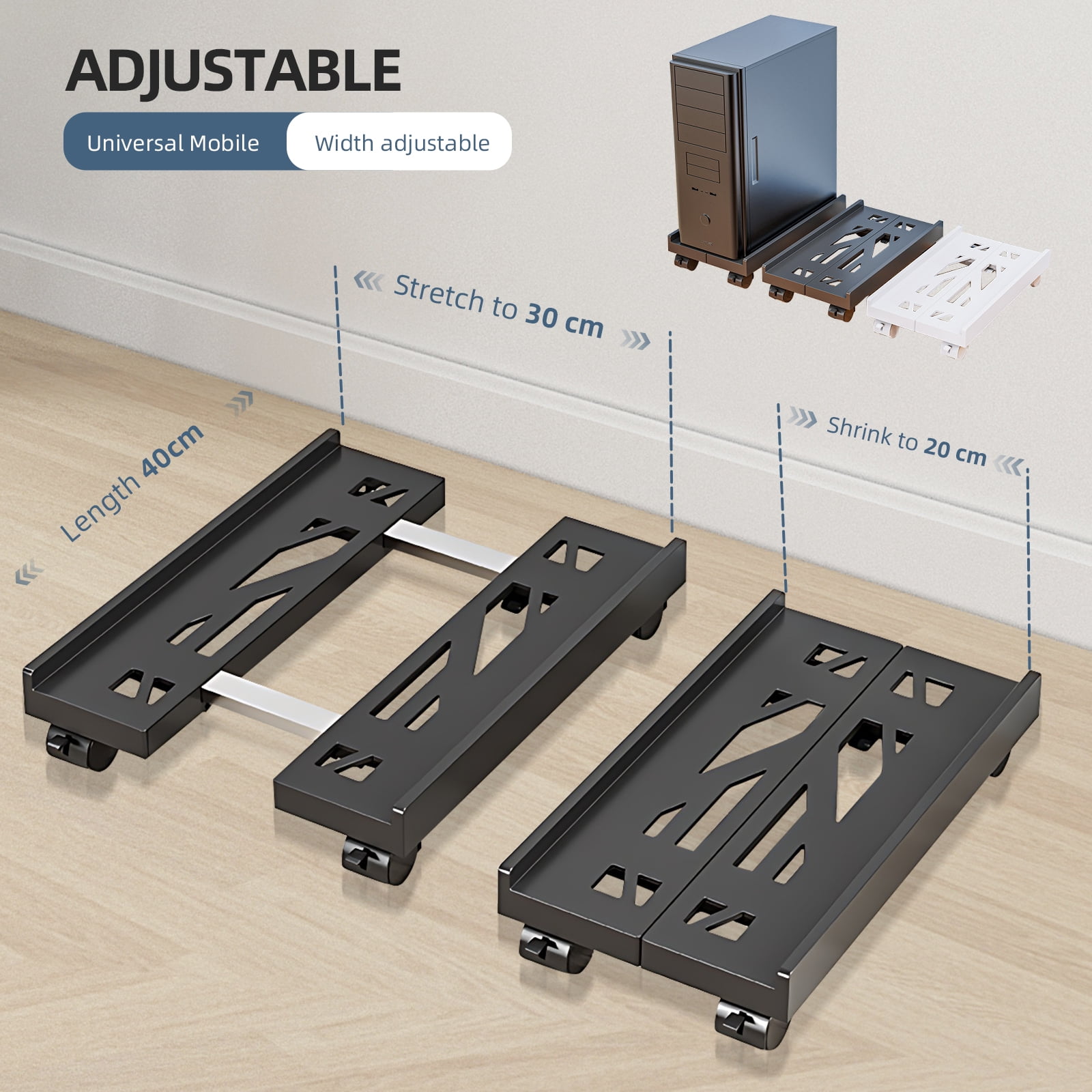 Mobile Computer Tower Stand with Adjustable Wheel Rolling PC Case Holder Enhances Cooling and Flexibility